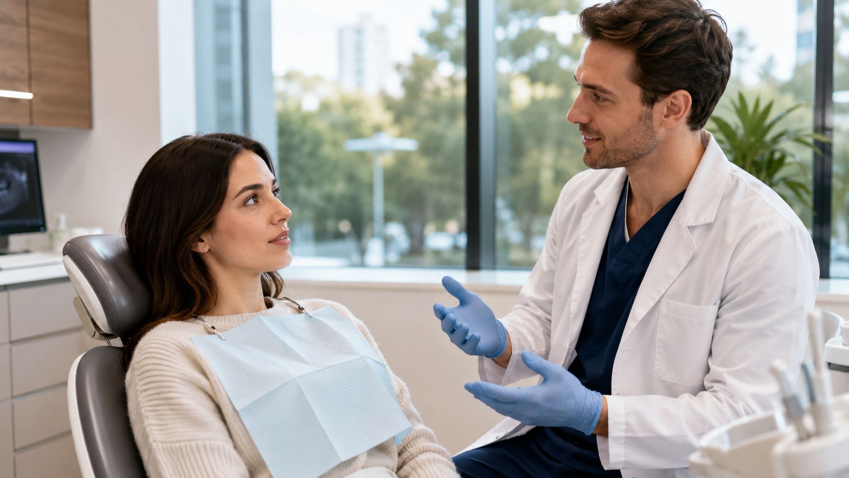 A friendly male dentist explaining treatment options to a female patient sitting in the dental chair.