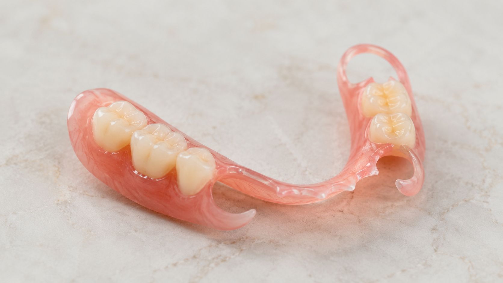 A removable acrylic dental partial denture designed to replace missing teeth, displayed on a neutral surface.