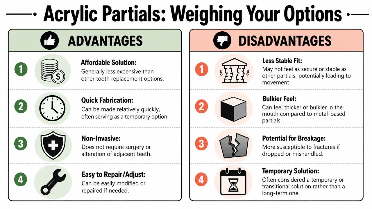 An infographic titled Acrylic Partials weighing the pros and cons of this dental tooth replacement option.