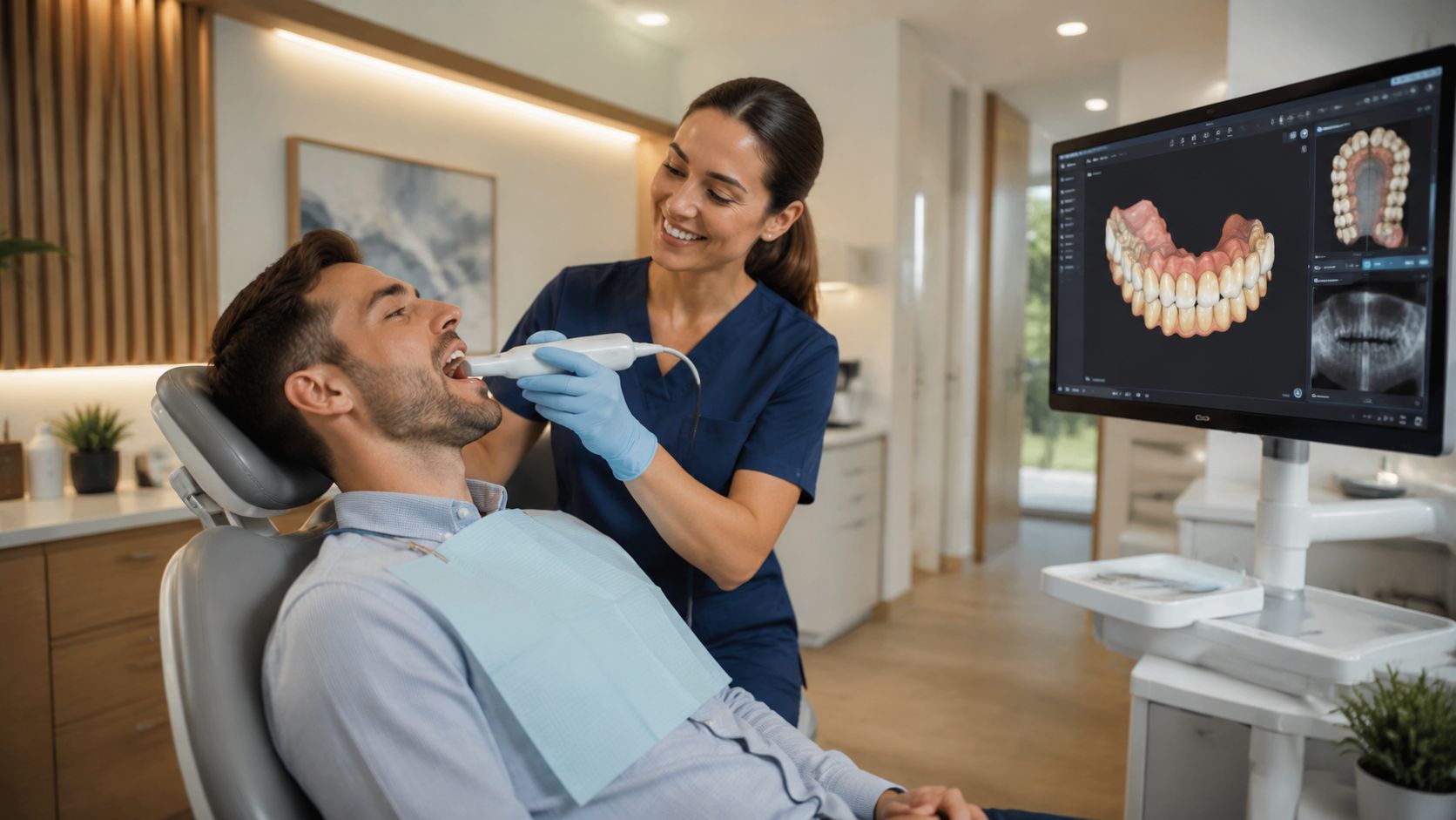 A professional dentist using a digital intraoral scanner on a male patient in a modern clinic.