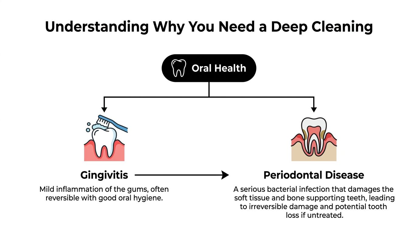 A diagram comparing gingivitis, a reversible gum inflammation, with periodontal disease, a serious condition causing tooth loss.