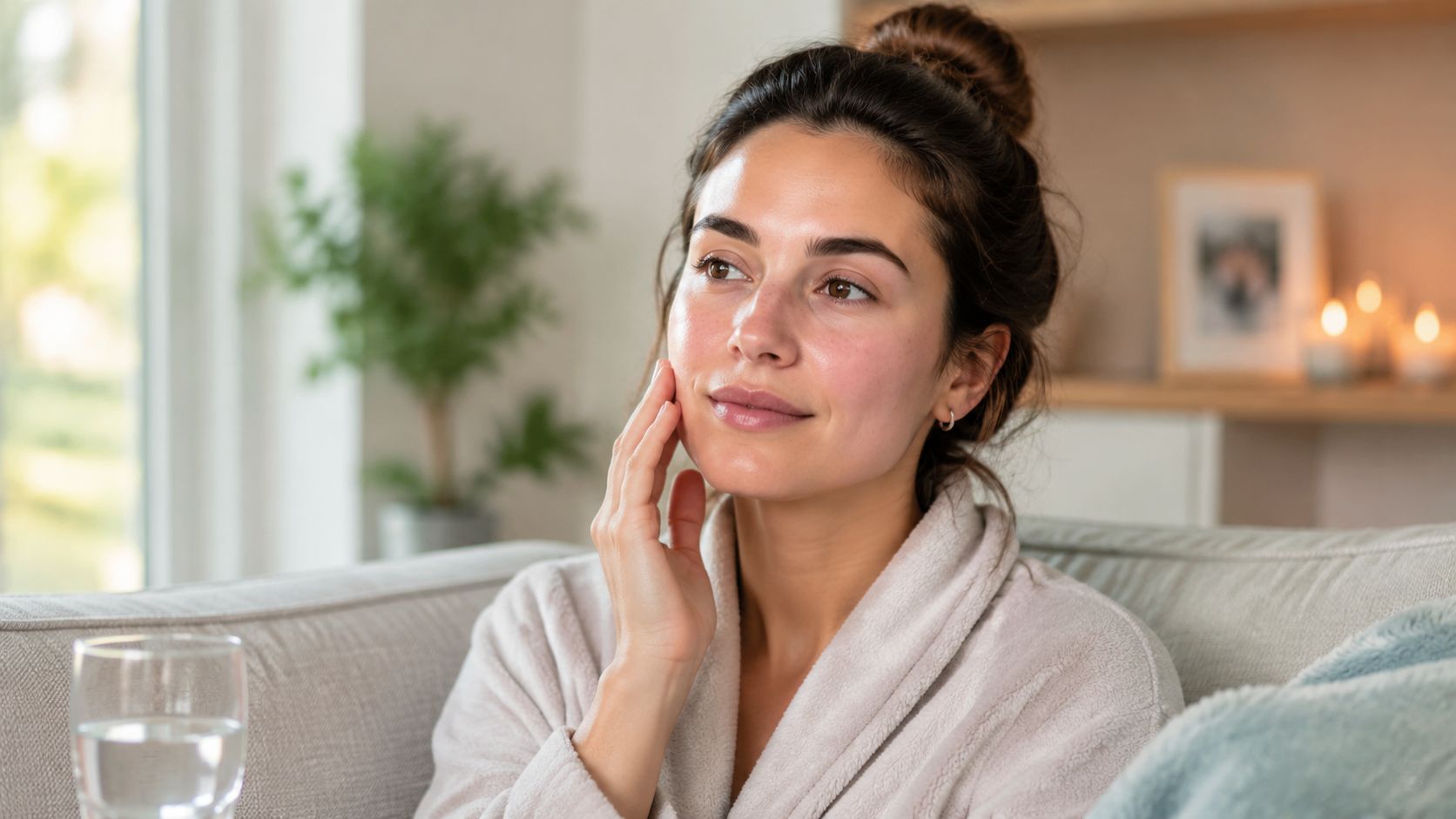 A woman with a glowing complexion sits on a sofa, reflecting on skincare results after medical procedures.