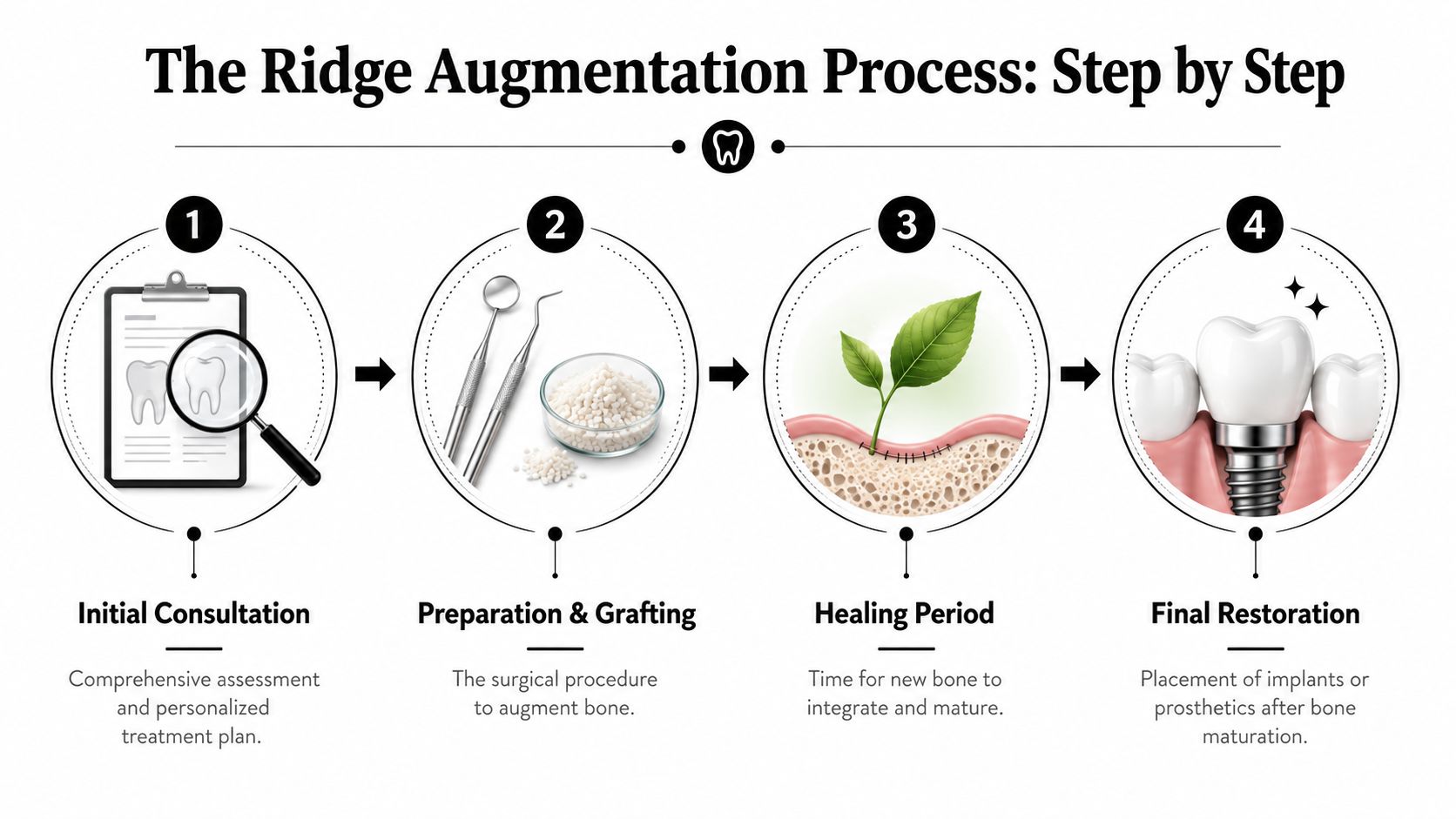 A four-step infographic illustrating the dental ridge augmentation process from initial consultation to final implant restoration.