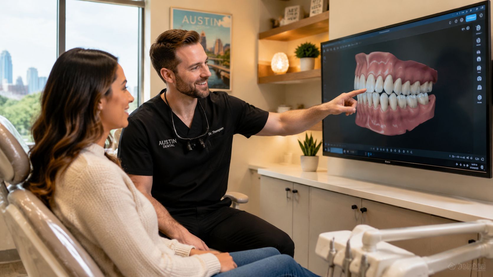 A dentist explaining digital dental impressions of teeth on a monitor to a female patient.