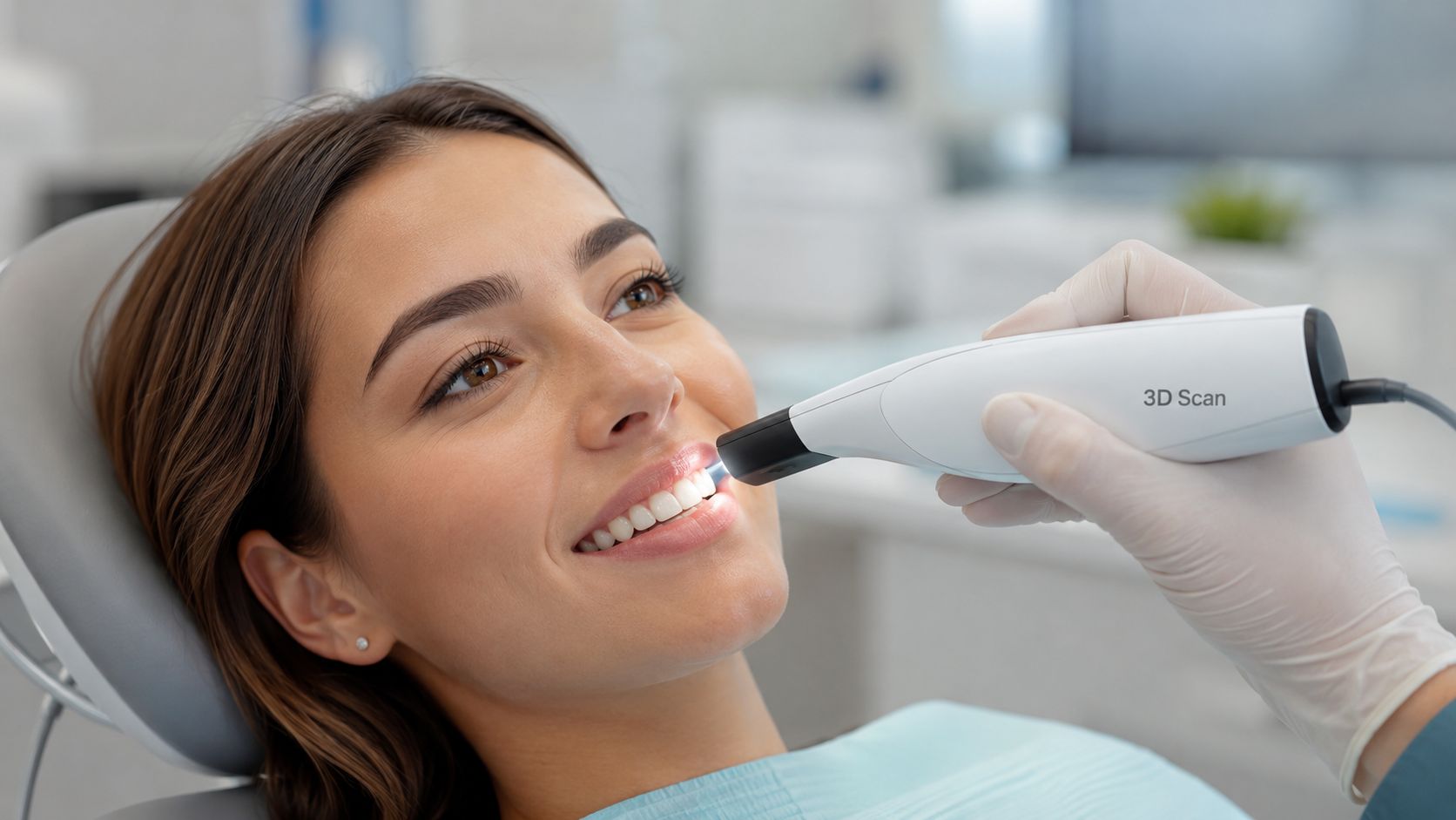 A patient having a 3D scan of her teeth performed by a dentist using a handheld dental scanner.