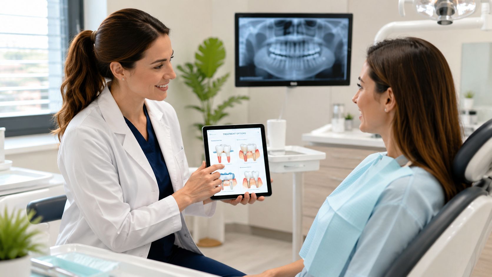 A female dentist explains dental treatment options to a patient using a tablet in a clinical office.