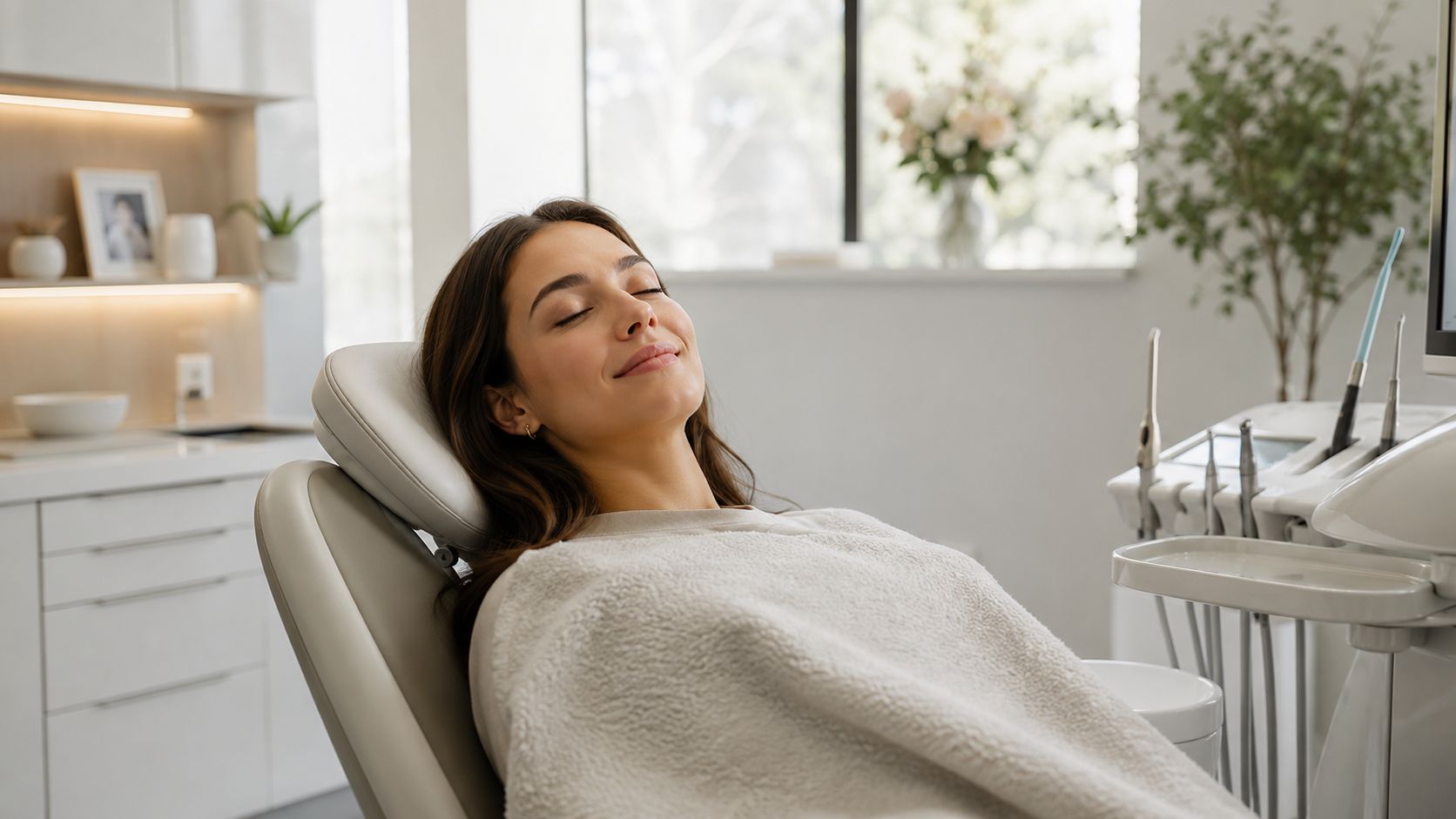 A relaxed young woman sitting in a modern dentist's chair with her eyes closed during a procedure.
