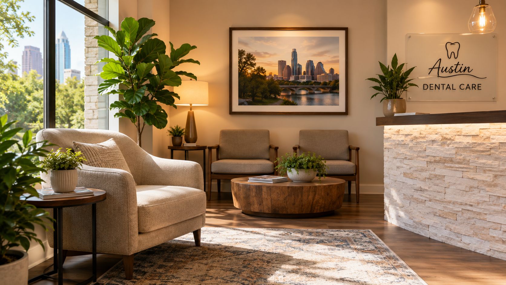 A warm and inviting reception area for a dental clinic featuring comfortable seating and natural lighting.