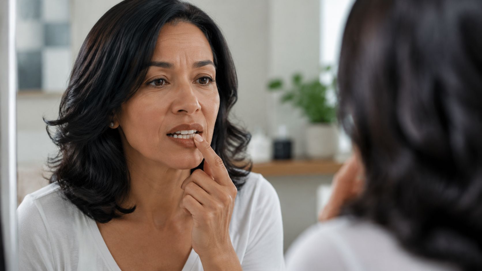A middle-aged woman examining her teeth in the mirror while considering professional teeth whitening services.