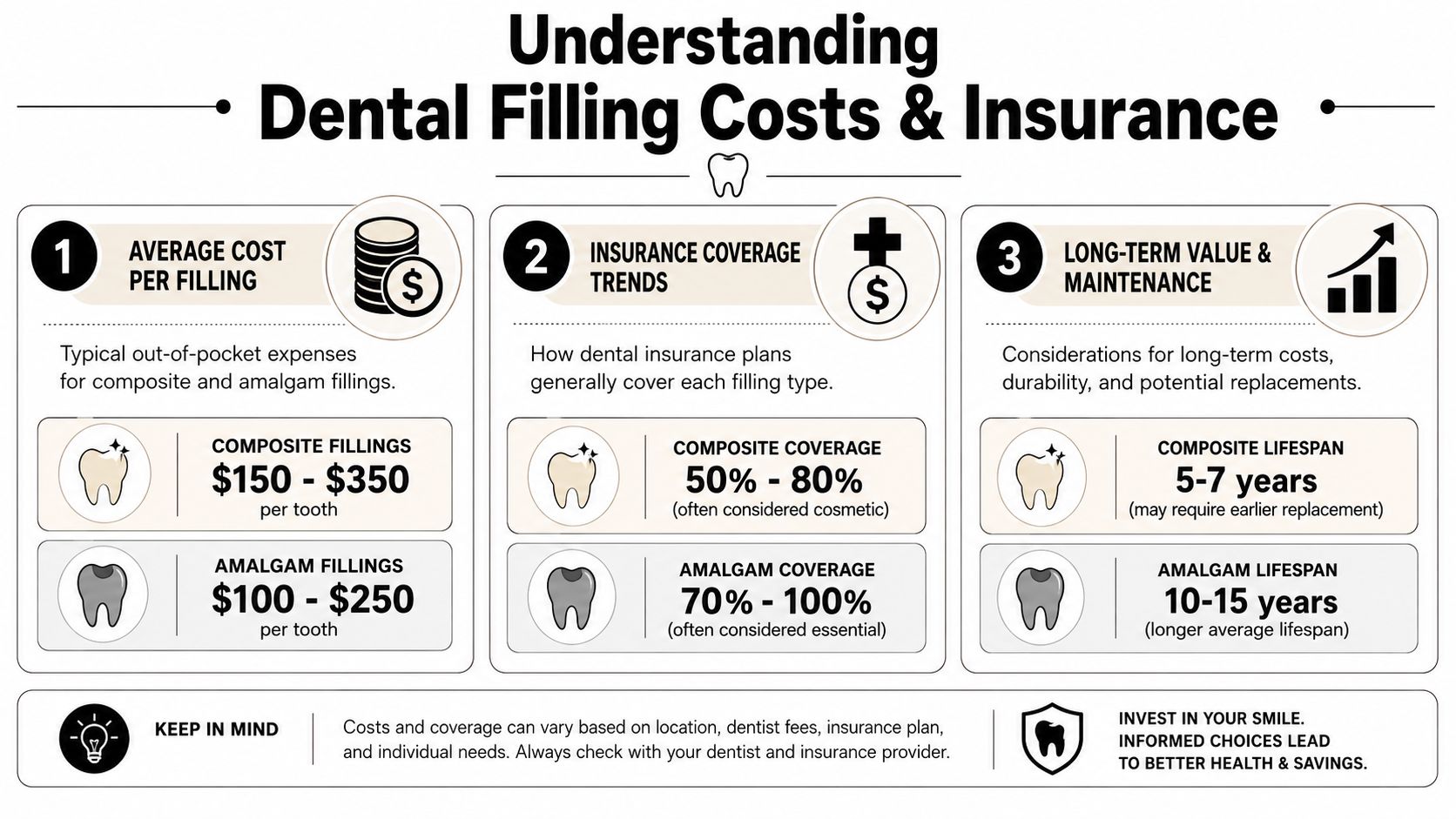 An infographic titled Understanding Dental Filling Costs and Insurance showing cost, coverage, and lifespan for composite and amalgam fillings.