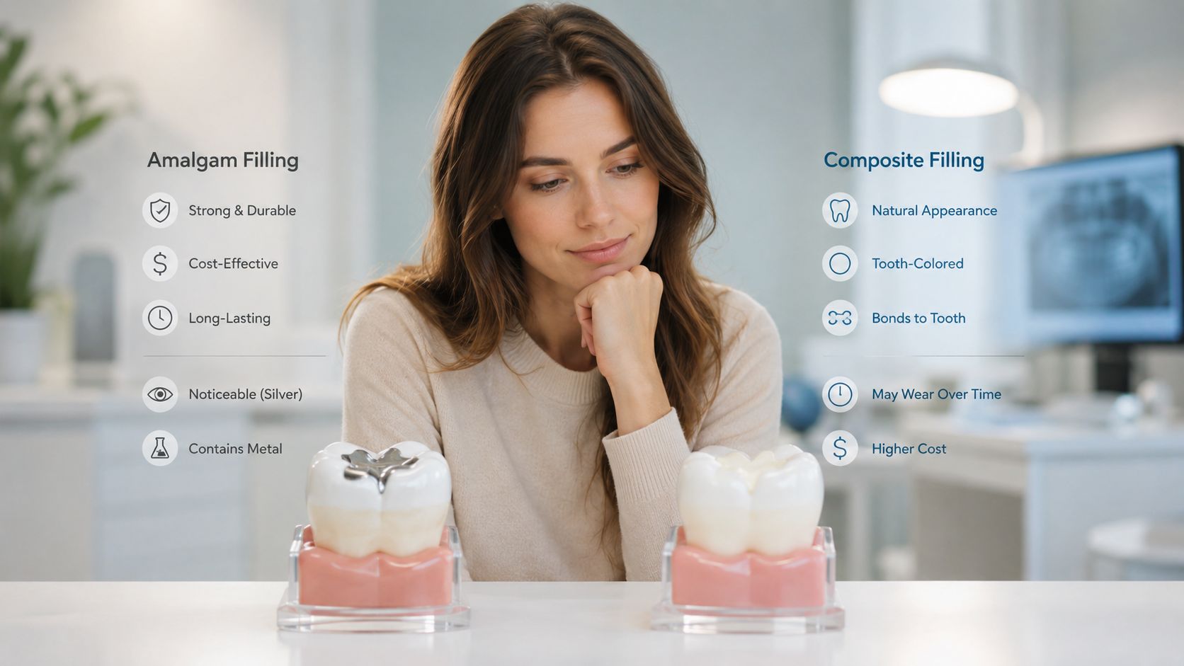 A woman looks at two dental models comparing amalgam fillings and composite fillings in a dental clinic.