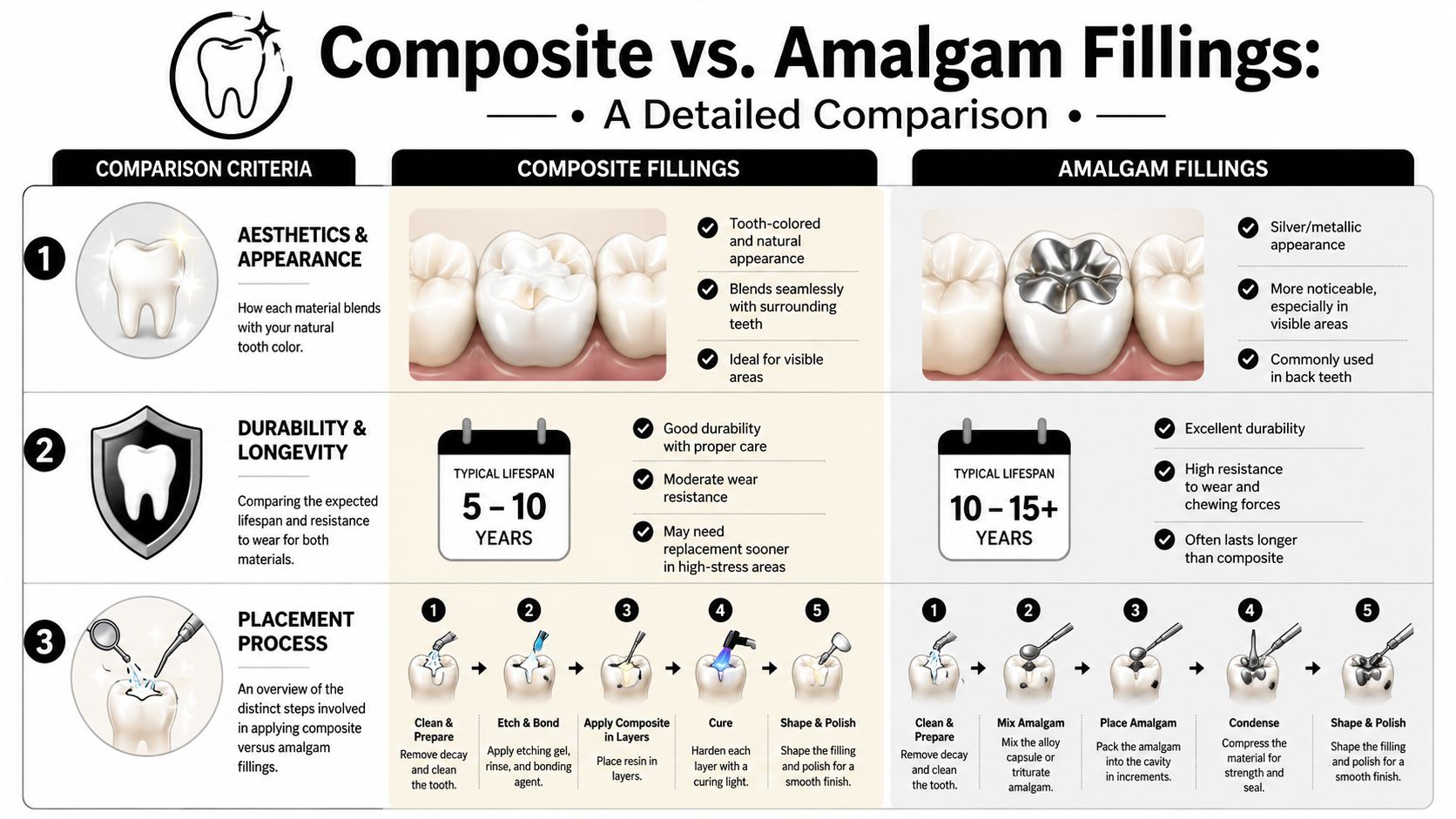 A comparison chart showing the differences between composite and amalgam dental fillings regarding aesthetics, durability, and placement.
