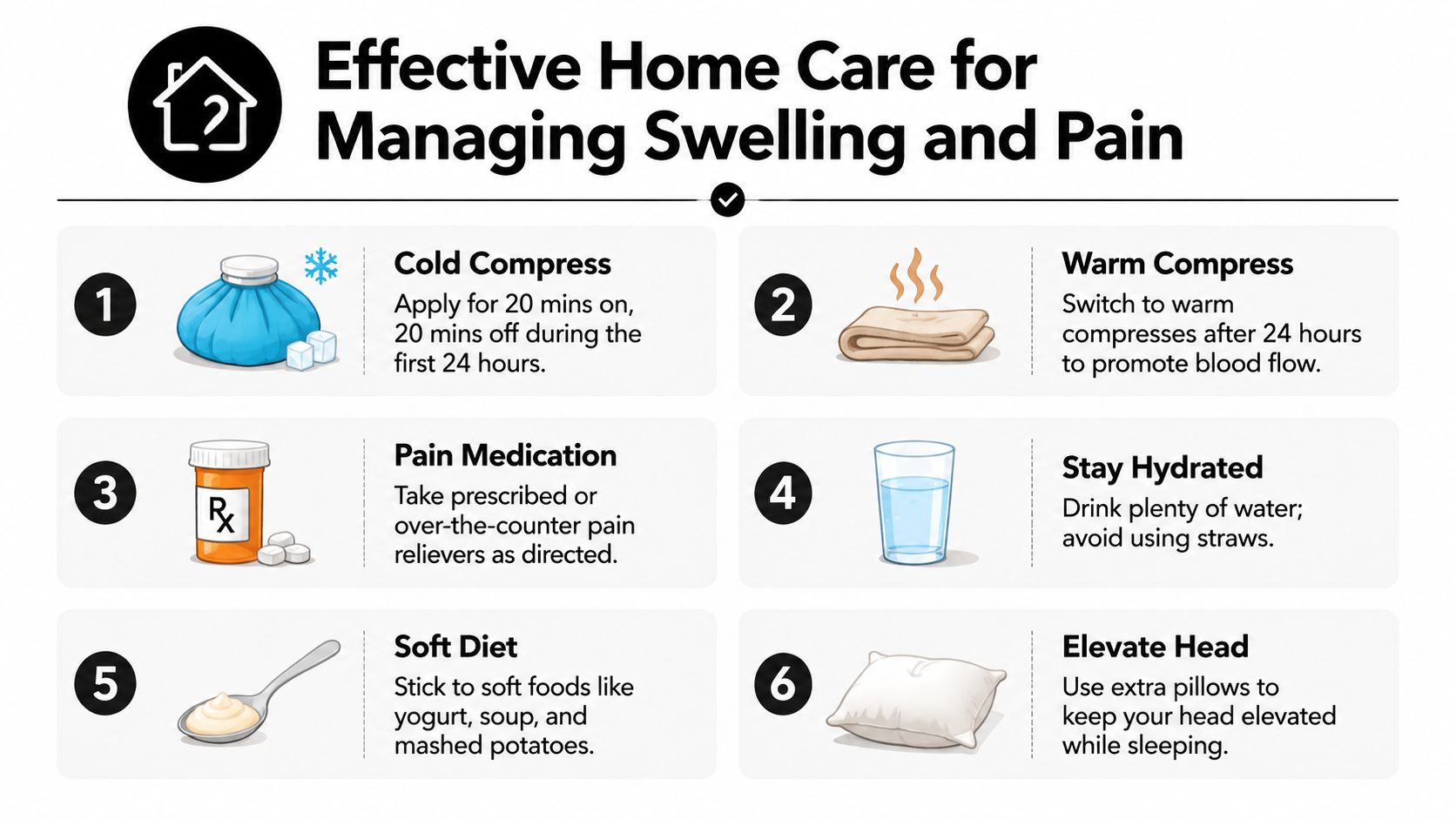 A list of six tips for managing post-operative swelling and pain after a dental procedure.