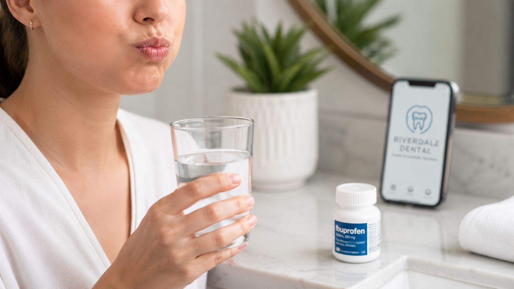 A person preparing to take pain relief medication with a glass of water after dental treatment.