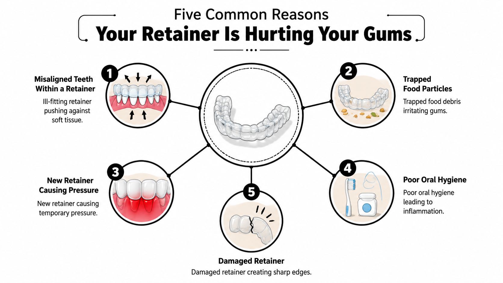 An infographic showing five common reasons why dental retainers can cause gum pain and irritation.