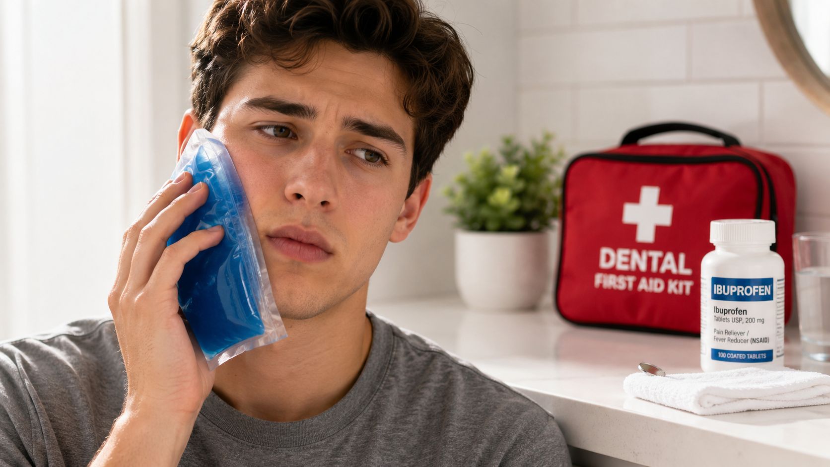 A young man holding a blue ice pack against his cheek due to tooth pain near dental supplies.