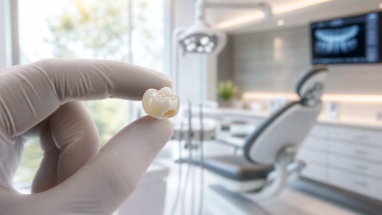 A gloved hand holding a ceramic dental crown in a modern, blurred dental clinic office background.