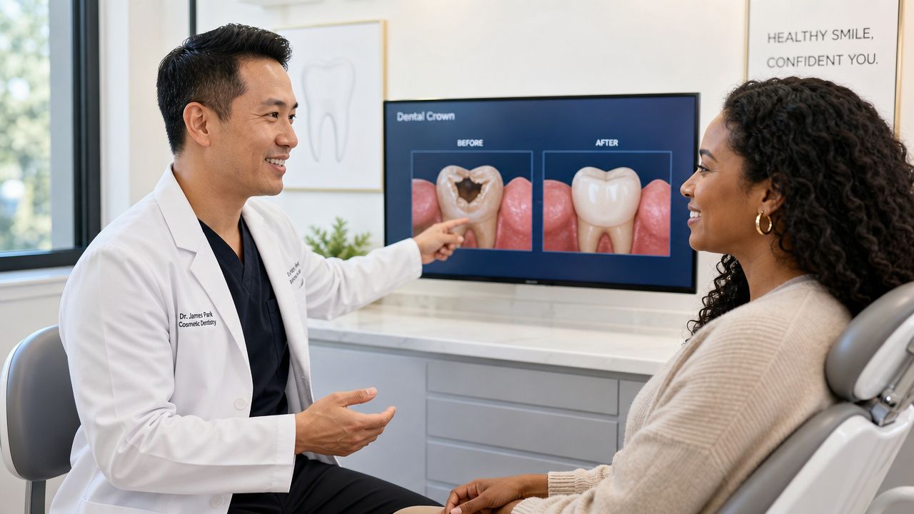 A professional male dentist explaining dental crown procedure to a female patient in a modern office.