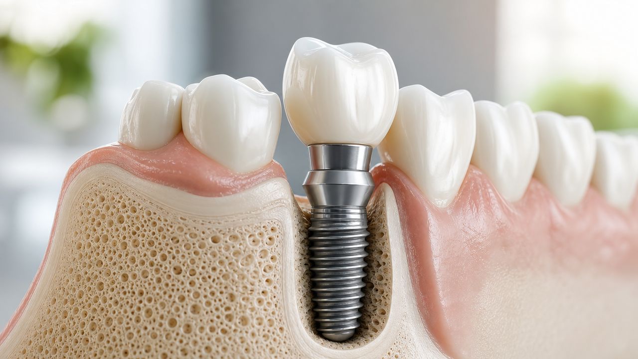 A cross-section illustration showing a dental implant with an artificial crown set into the jawbone.