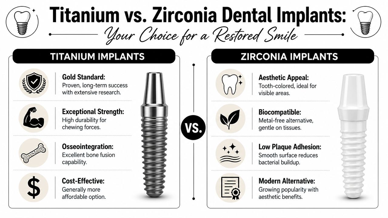 A comparison infographic between titanium and zirconia dental implants highlighting their respective features, benefits, and aesthetic properties.
