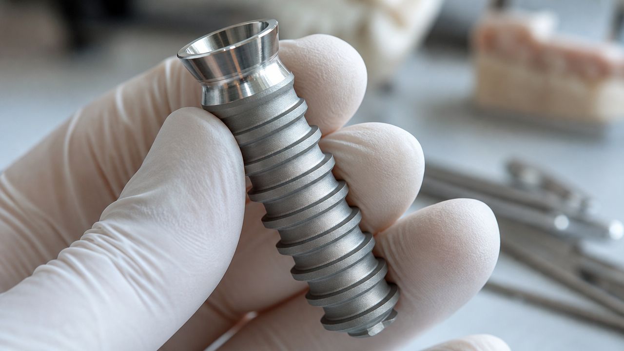 A hand wearing a white medical glove holds a metallic dental implant in a clinical setting.