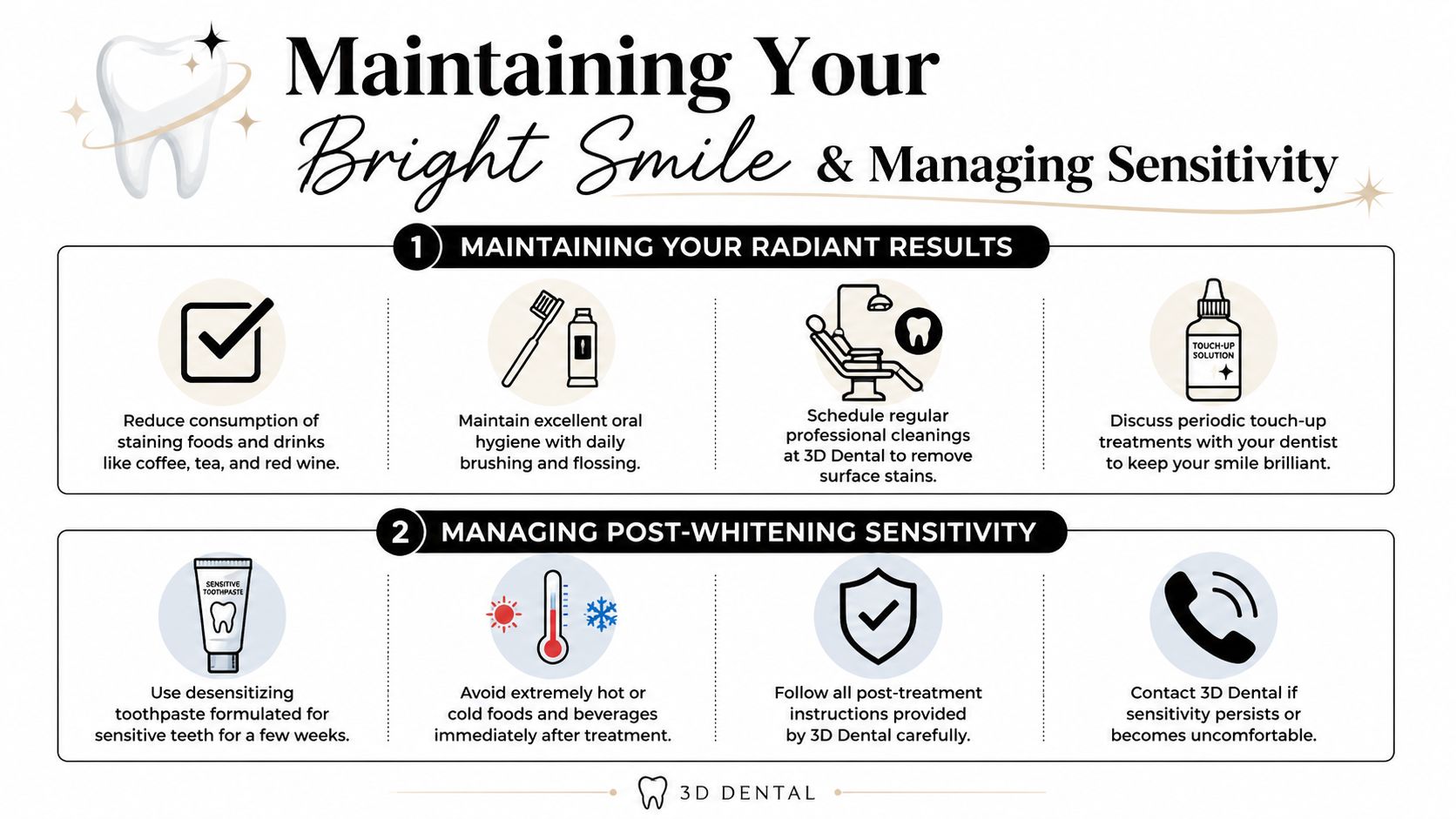 An infographic by 3D Dental providing tips for maintaining white teeth and managing post-whitening sensitivity after treatment.