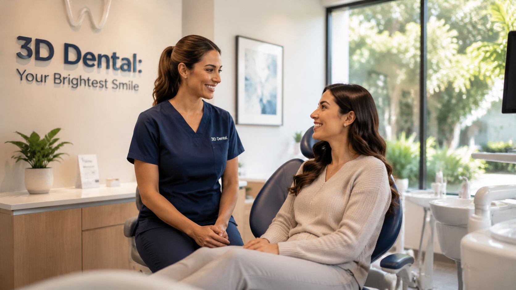 A friendly female dentist in navy blue scrubs consulting with a patient in a modern dental office.