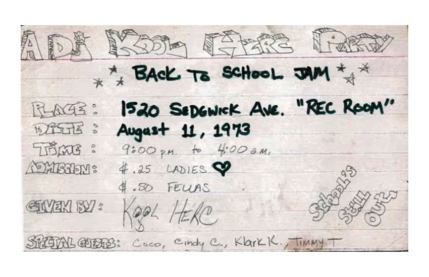 Invitation to the Back To School Jam where Hip Hop was born.