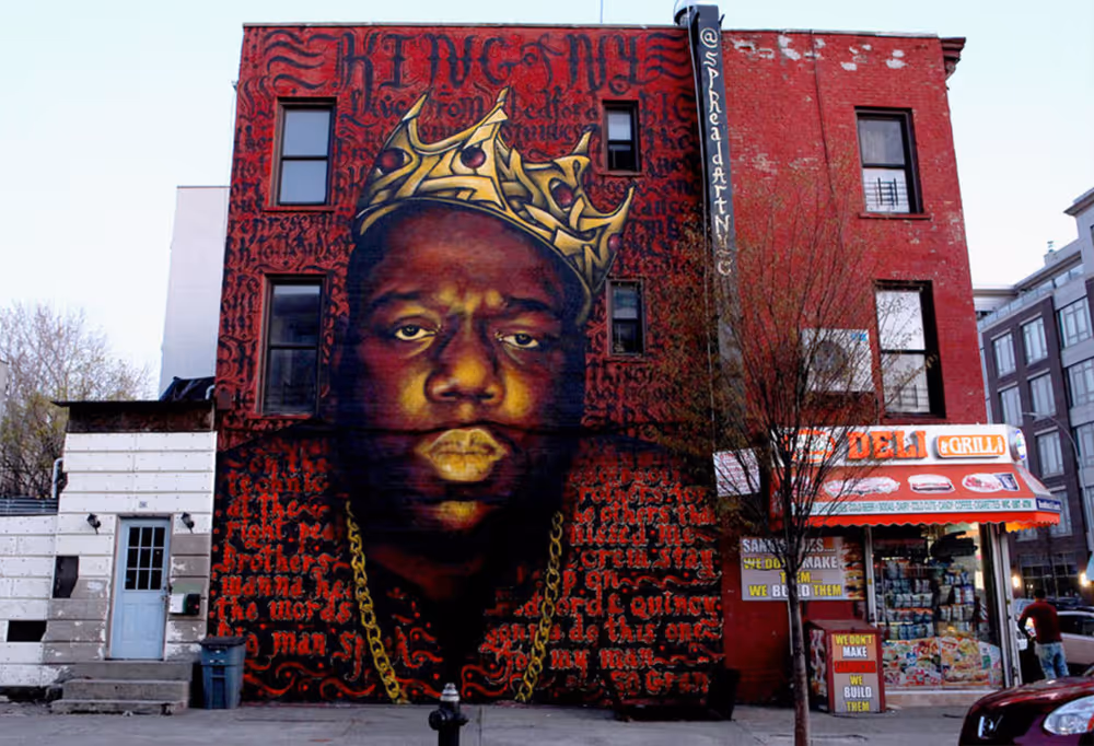 A mural of the Notorious B.I.G. (aka Biggie Smalls) in the Bedford-Stuyvesant neighborhood of Brooklyn, New York.