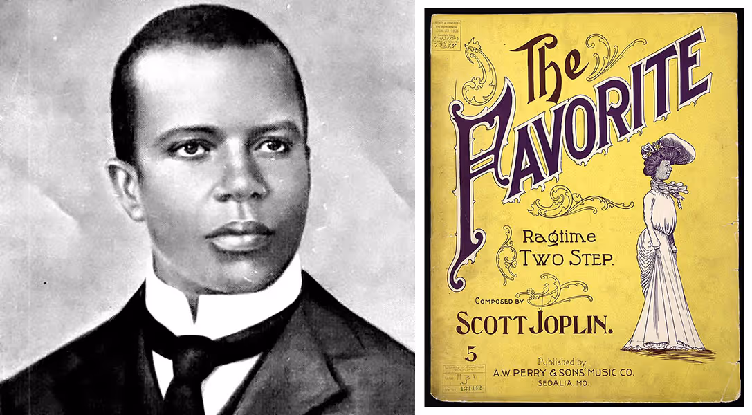 Scott Joplin (left), Sheet music for his composition "The Favorite" (right)