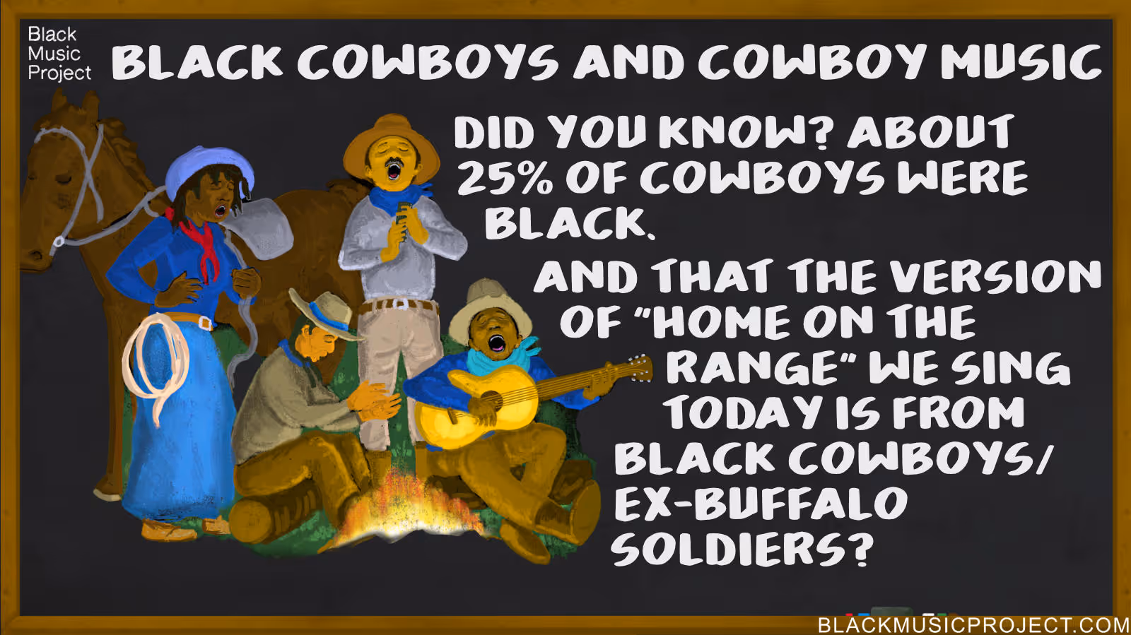 A BMP infographic depicting a campfire setting and around the fire is a Black cowboy and cowgirl accompanied by a Mexican vaquero and a Native American.
