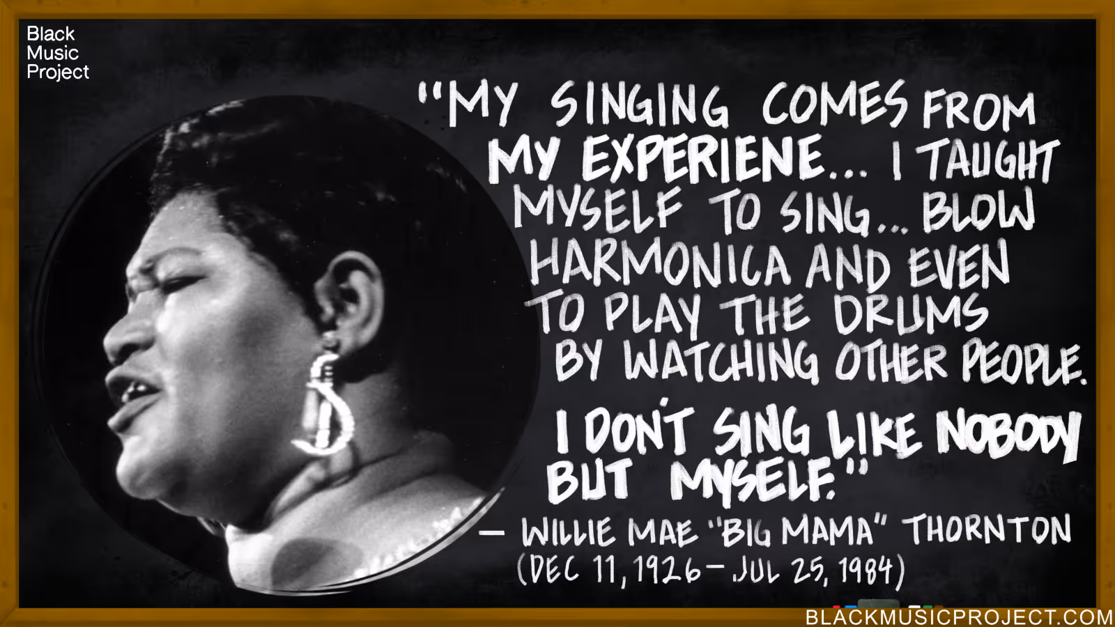A quote from Big Mama next to her photo: "My singing comes from my experience... I taught myself to sing... blow harmonica and even to play the drums by watching other people. I don't sing like nobody but myself."
