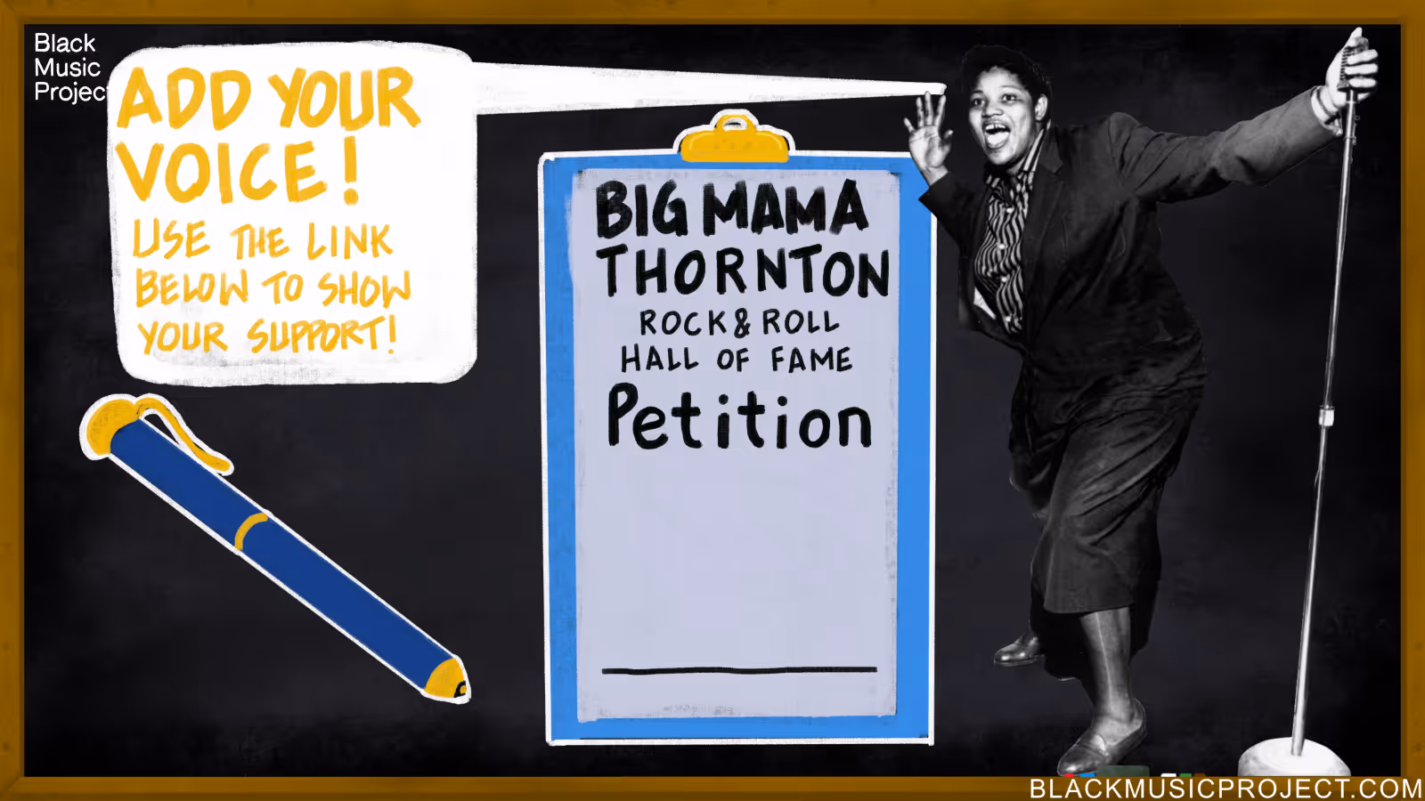A photo of Big Mama asking readers to add their names to the petition.