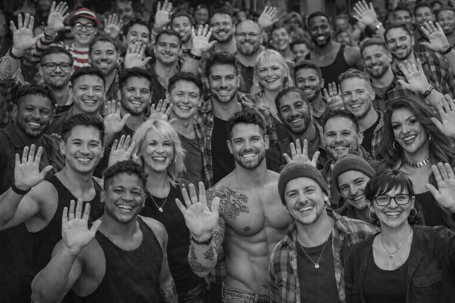 mixed crowd of men, women, trans, drag queens waving hands to say hello