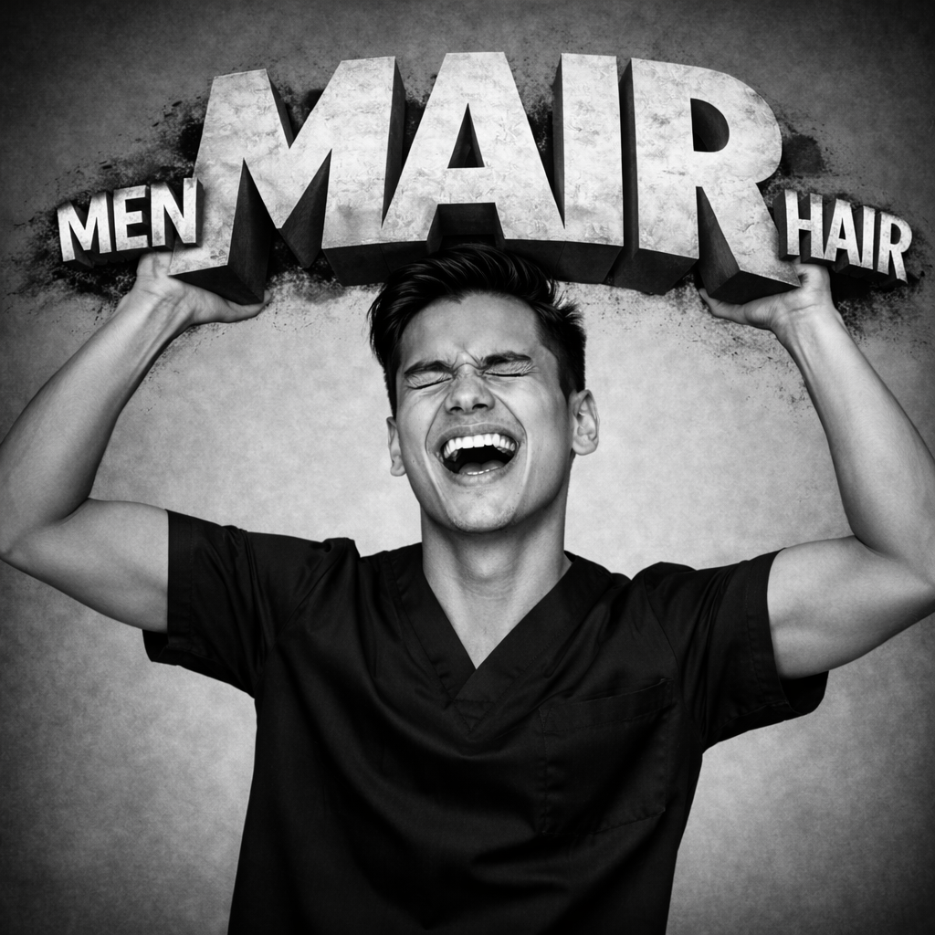 two hands squishing the word MAIR together in the middle