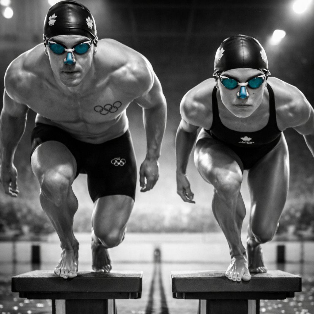 male and female olympic swimmer and cyclist pouring water onto himself