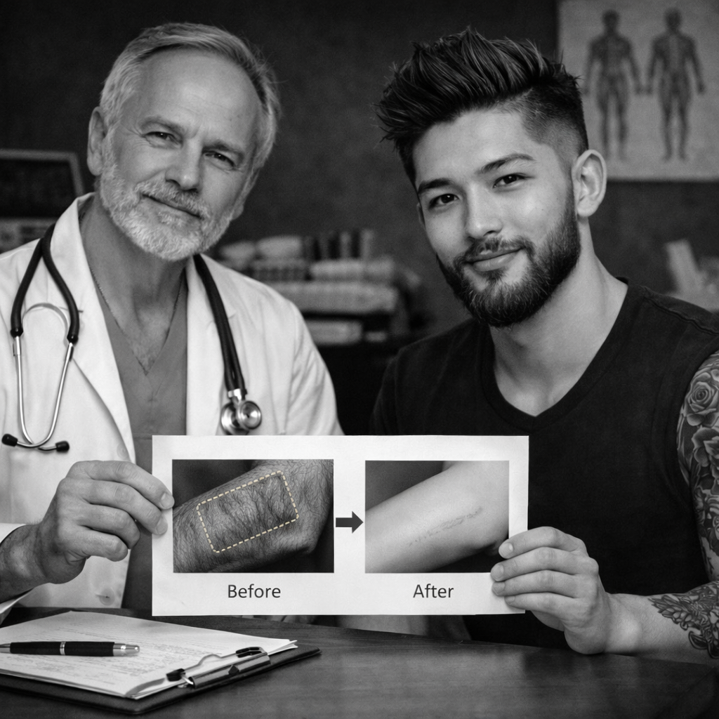 doctor with patient showing a diagram for Gender Affirmation Surgery