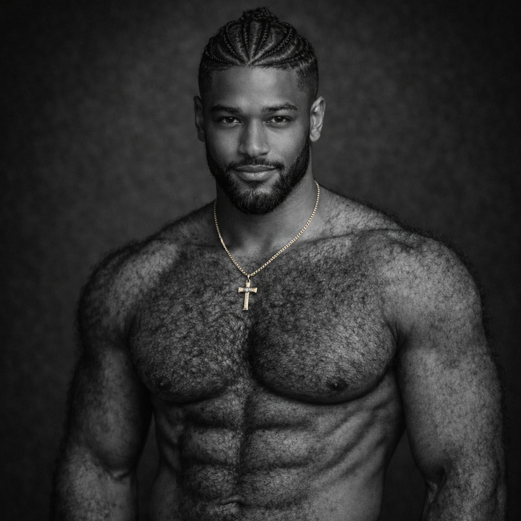 hairy black man waist up and esthetician performing laser treatment on a black man