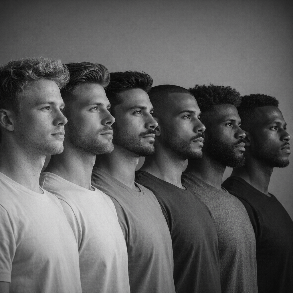 row of six men of variying skin tones denoting the Fitzpatrick Scale