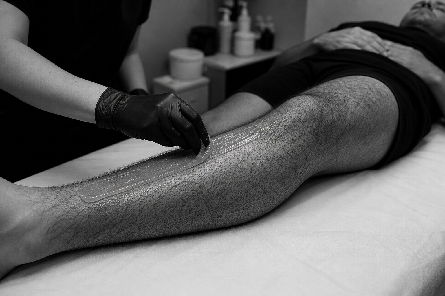 esthetician pulling sugaring on a hairy leg