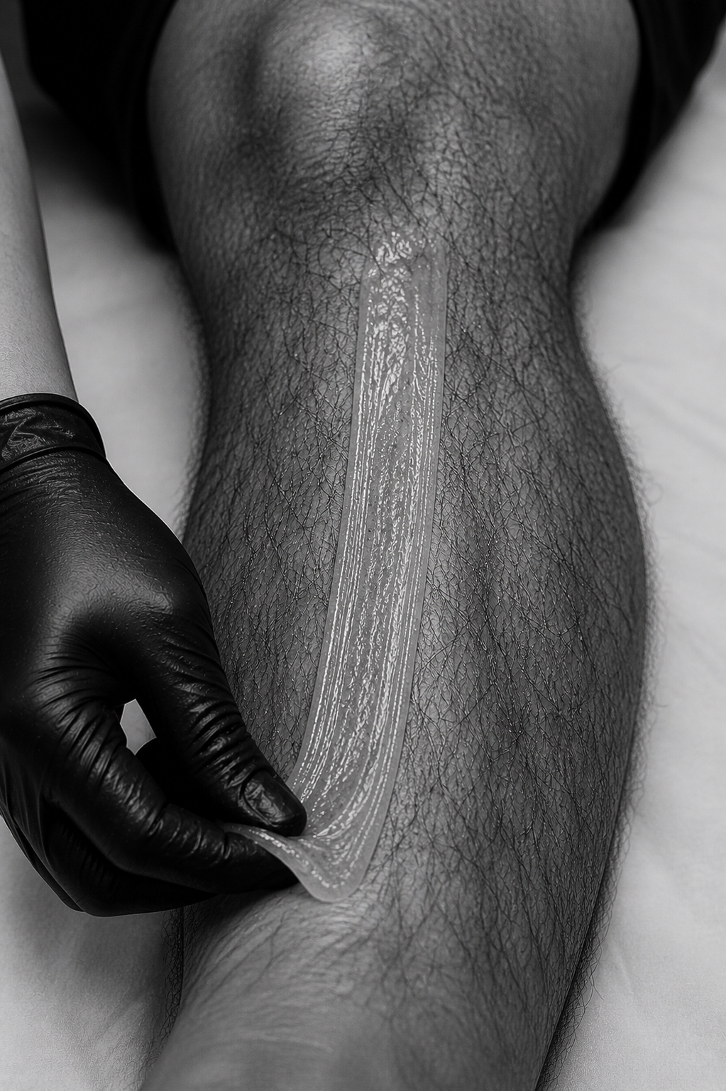 esthetician pulling sugaring on a hairy leg