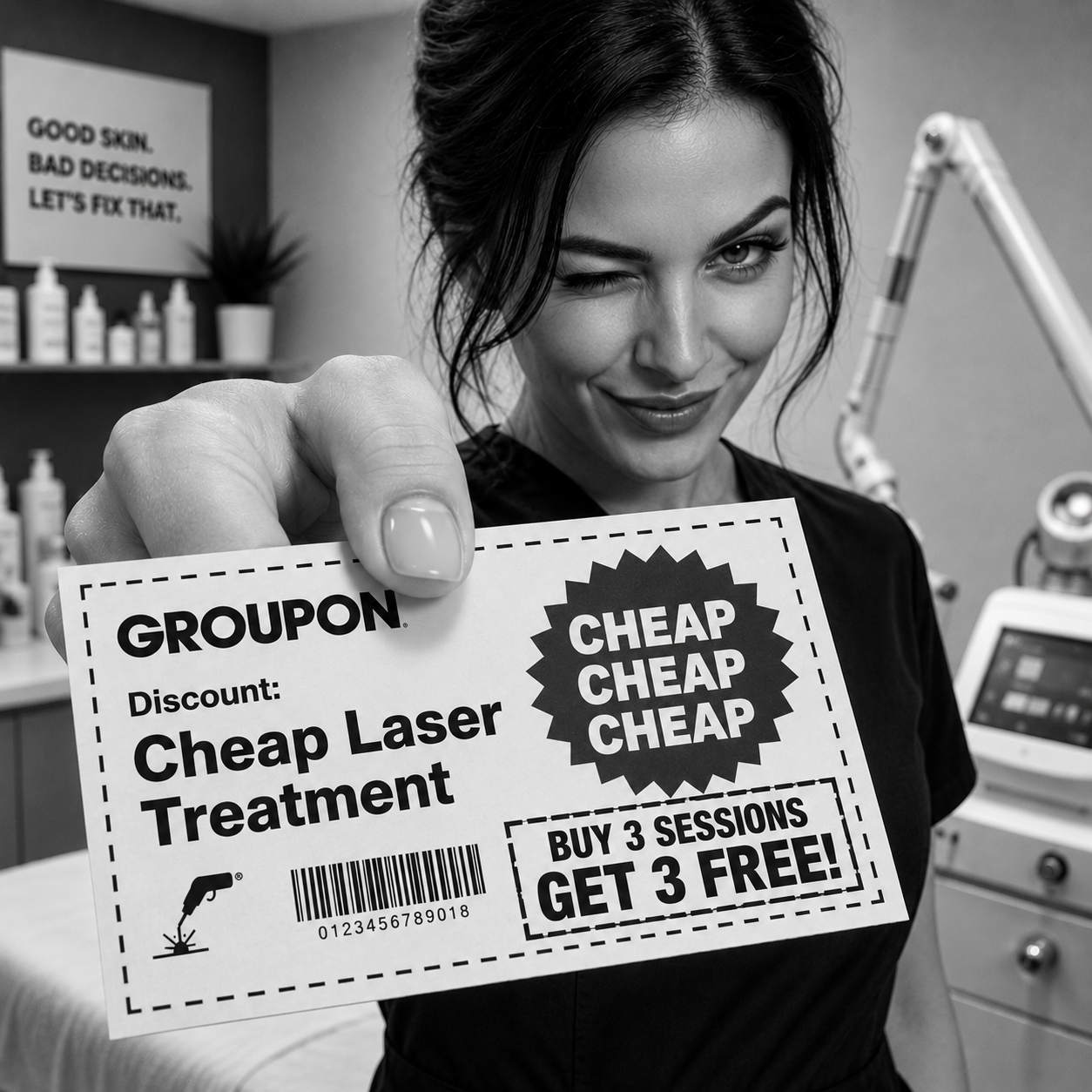 female esthetician holding a groupon discount