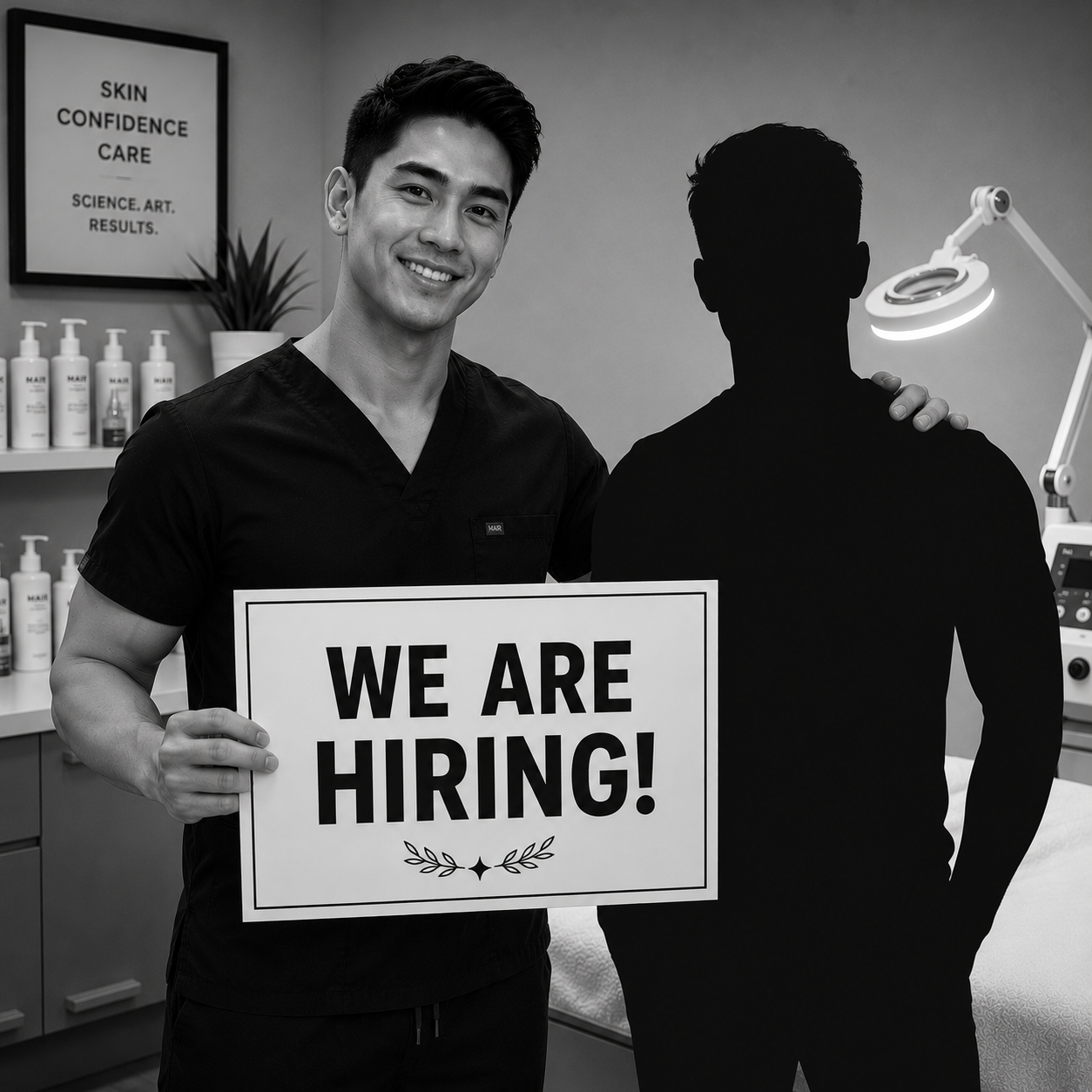 esthetician holding up a sign with a silouette of a person standing next to him