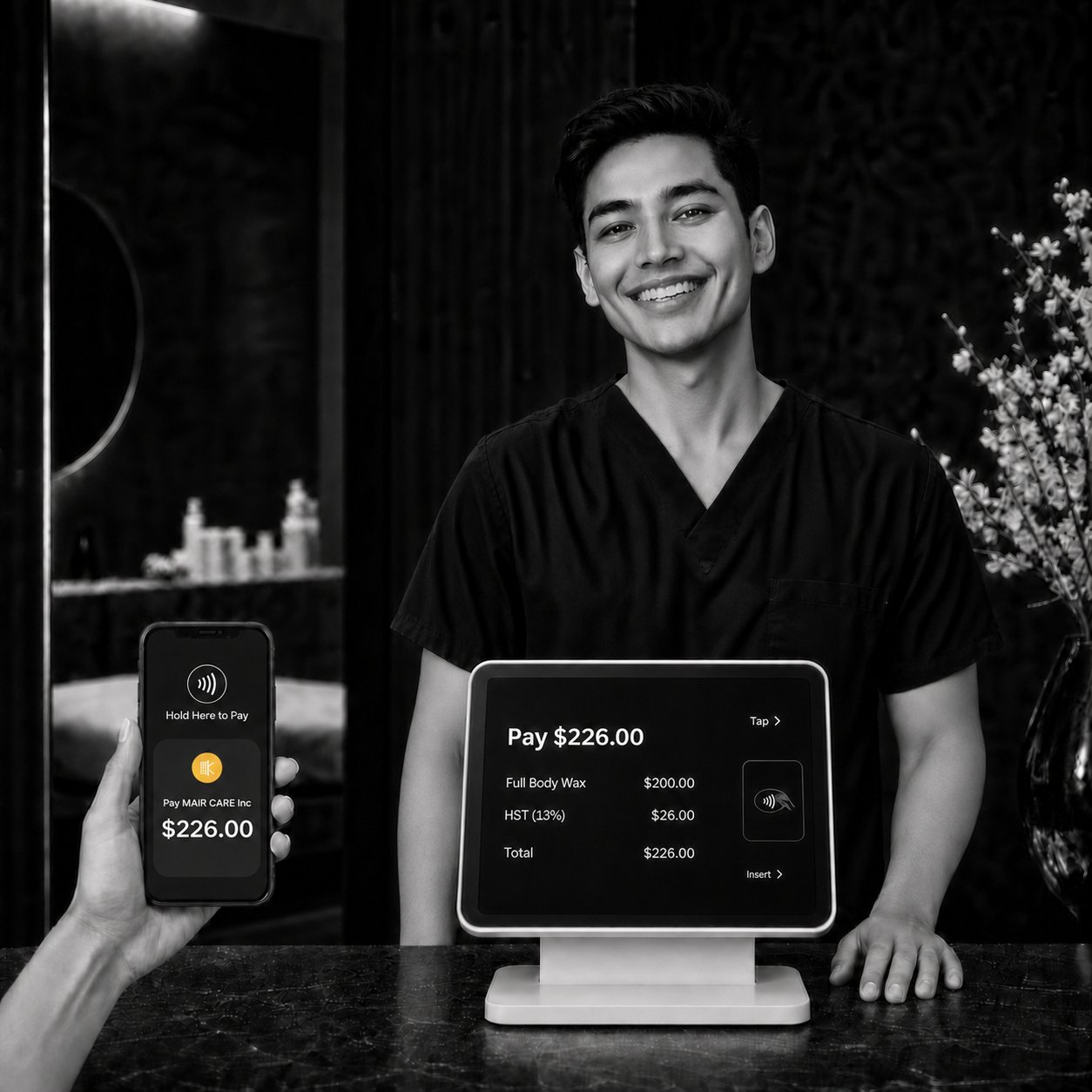 A client tapping a phone to pay a $226.00 MAIR Care invoice on a Square terminal in Toronto.