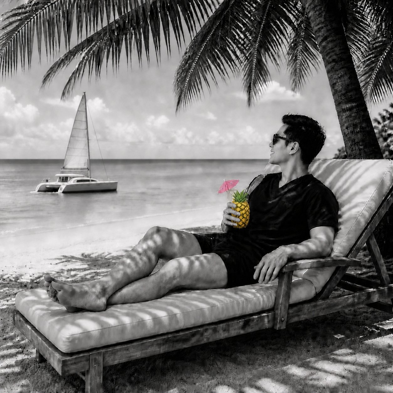 A man relaxing on a beach lounger with a pineapple drink, a catamaran anchored offshore, after a trip paid for with travel points.