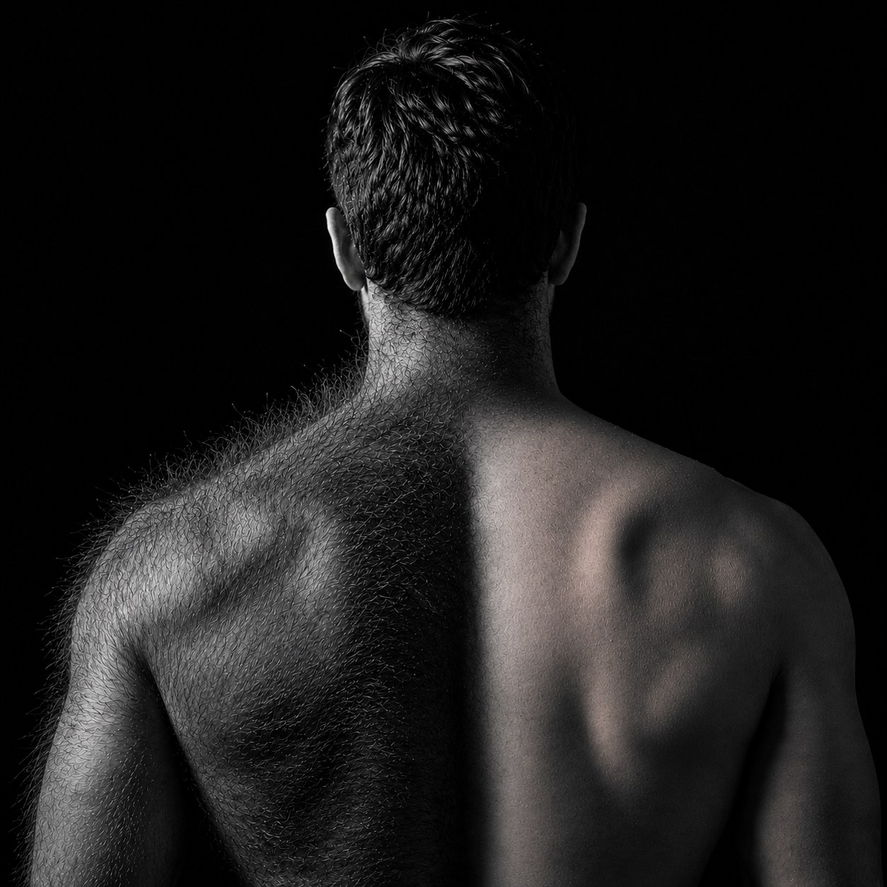 Black and white photograph of a man's back from behind, one side left hairy and the other groomed smooth, split down the spine.