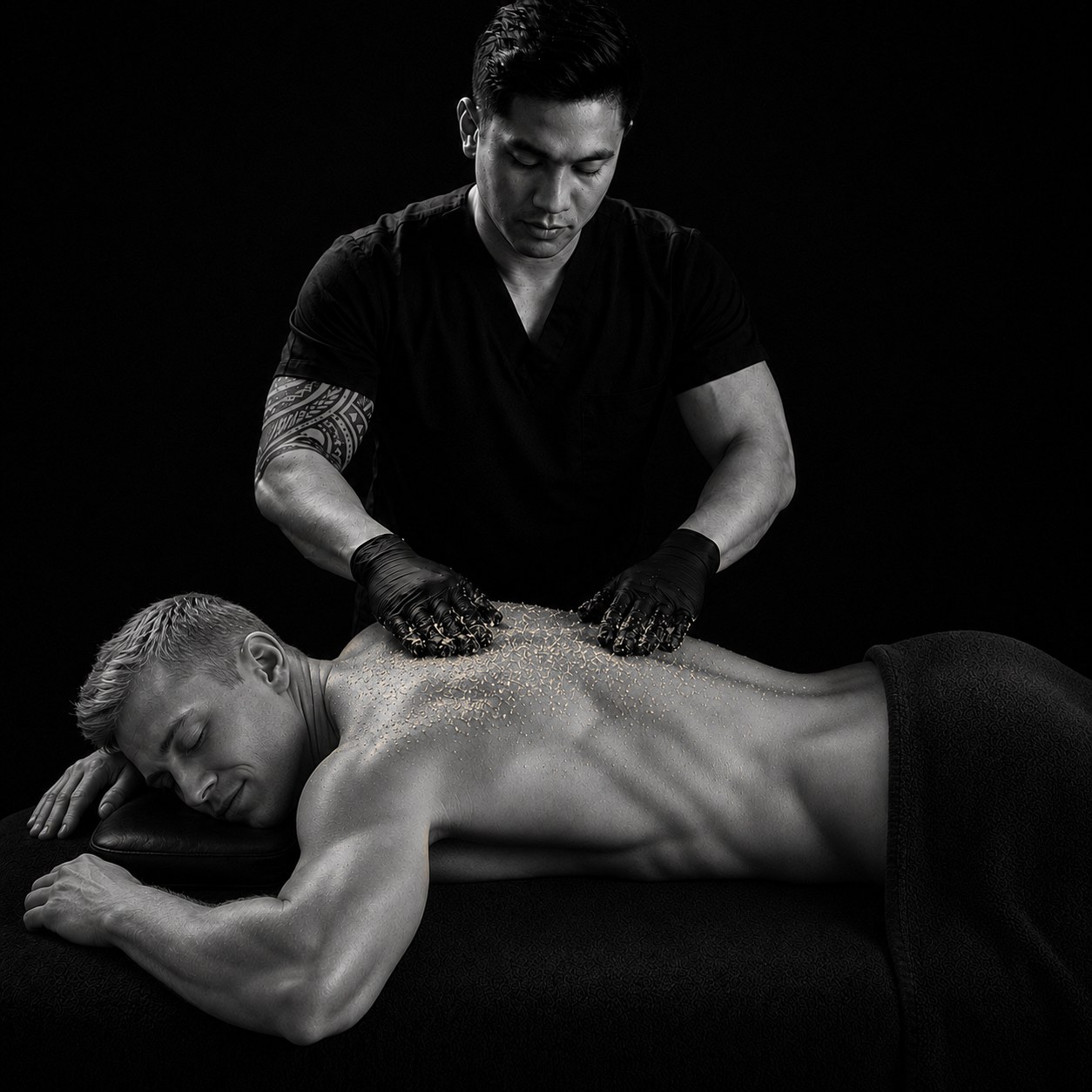 Black and white photograph of an esthetician in black scrubs and gloves working a sugar scrub across a client's back on a treatment table.