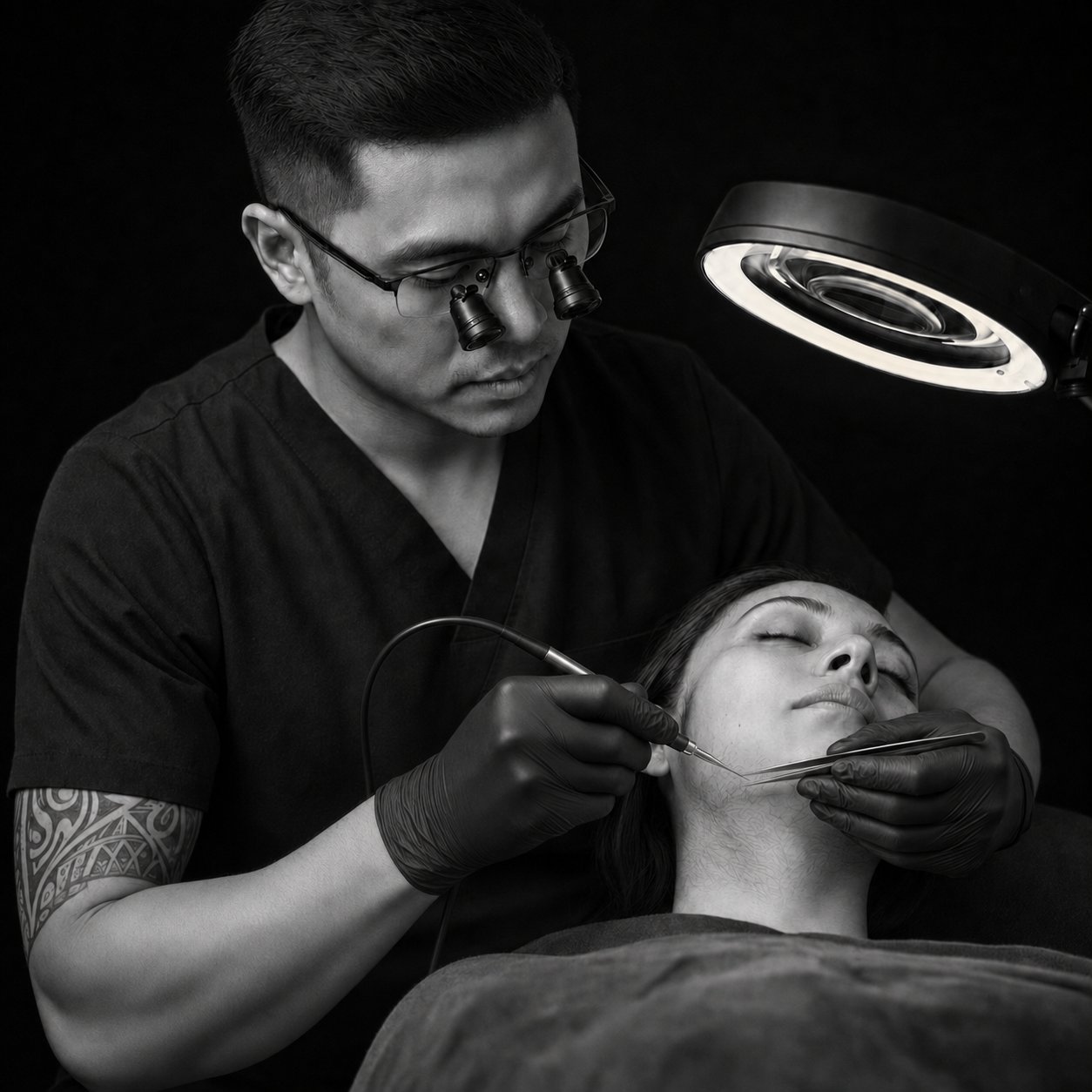 Black and white photograph of an electrologist in black scrubs and gloves treating hormonally driven facial hair along a client's jawline under a magnifying lamp.