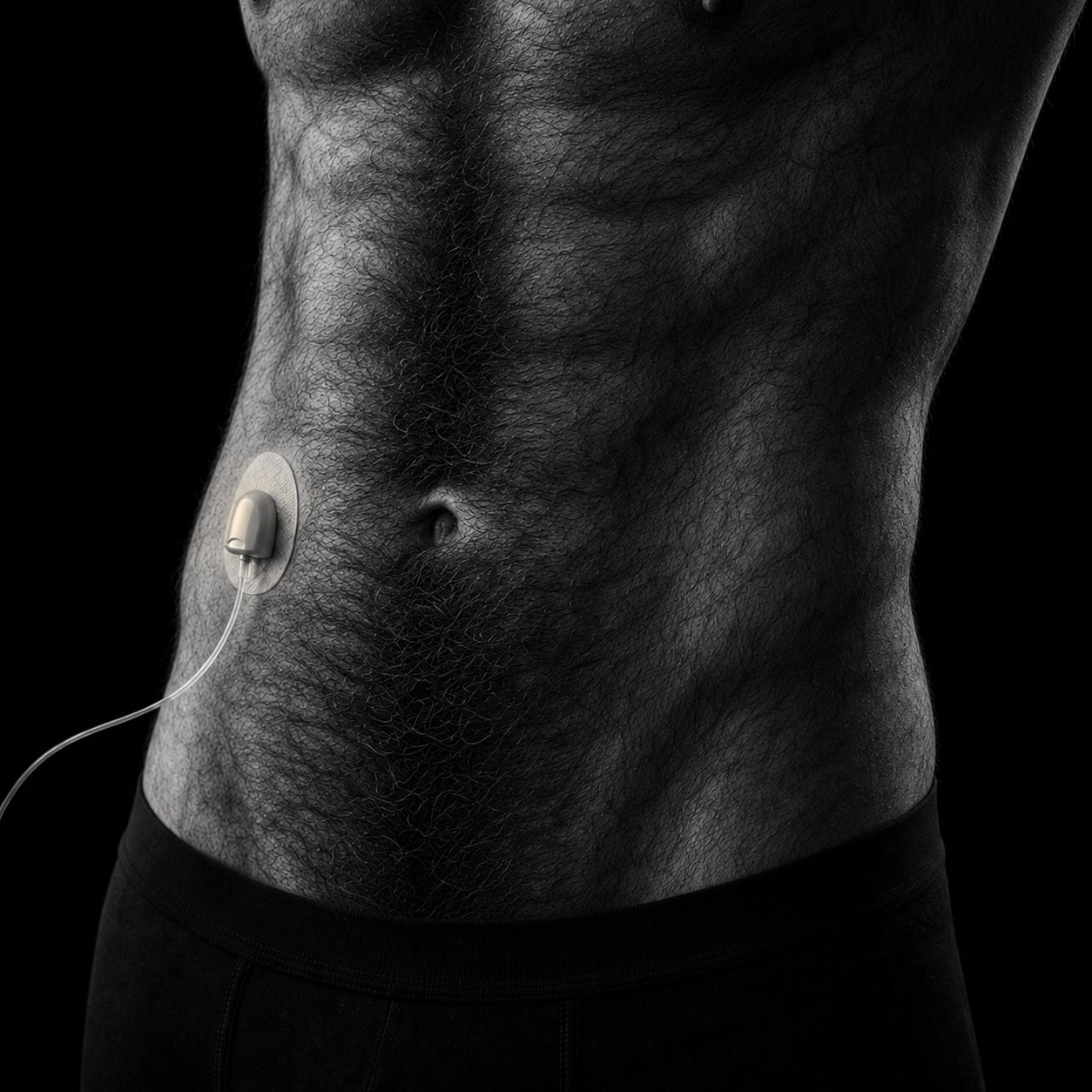 Black and white close-up of an insulin pump cannula and adhesive patch on the skin of a bare abdomen.