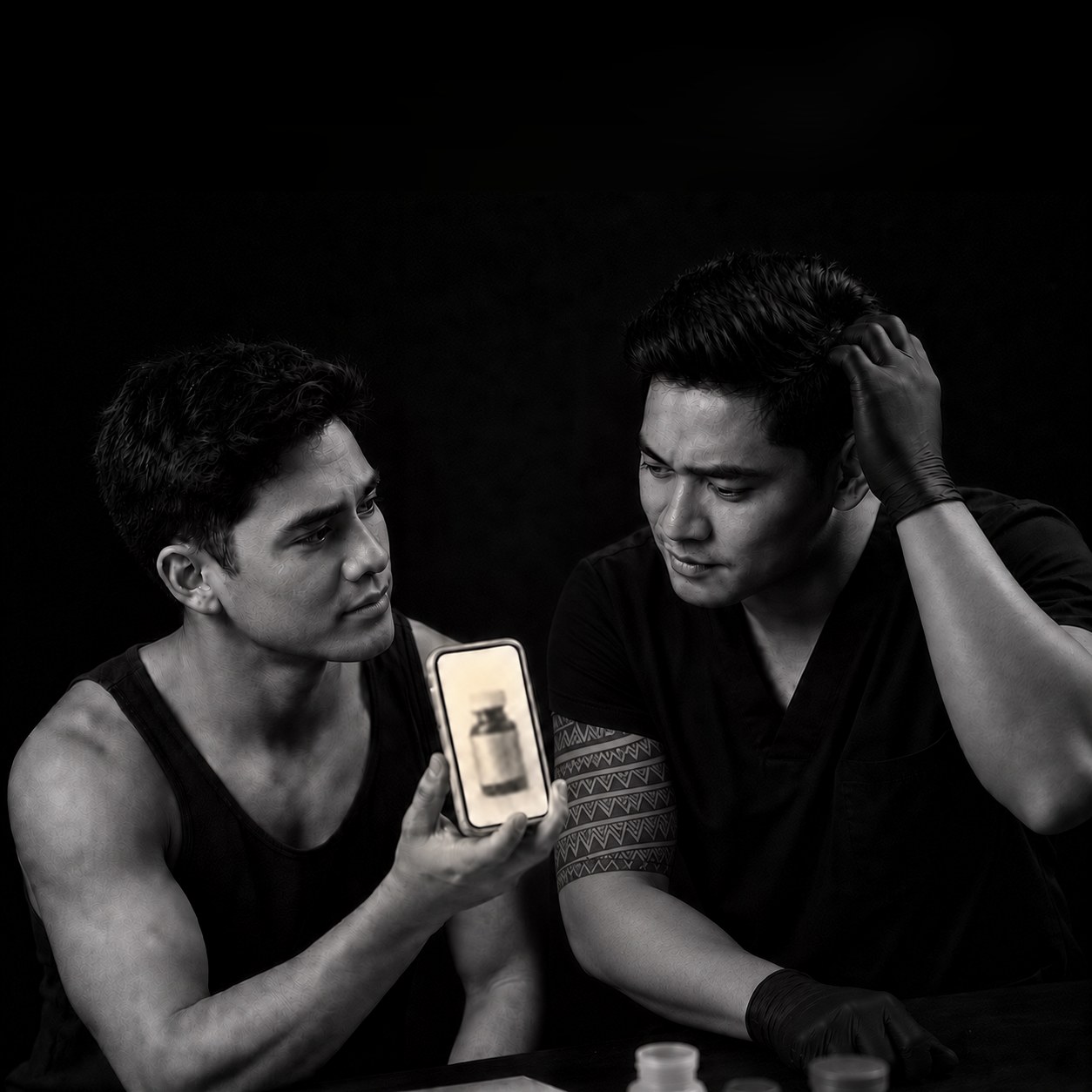 Black and white photograph of a client showing an esthetician a photo of a medicine bottle on his phone across a consultation table.